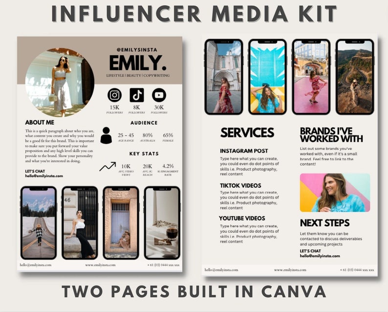 May include: Two-page media kit for an influencer named Emily. The kit includes information about Emily's lifestyle, beauty, and copywriting services, as well as her audience demographics, key stats, and brands she has worked with. The kit also includes a call to action to contact Emily for inquiries.