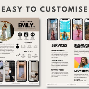May include: A pink and white graphic design template for a social media marketing professional. The template includes a photo of a woman, a list of services, and a section about the brands the professional has worked with. The template also includes key statistics about the professional's audience.