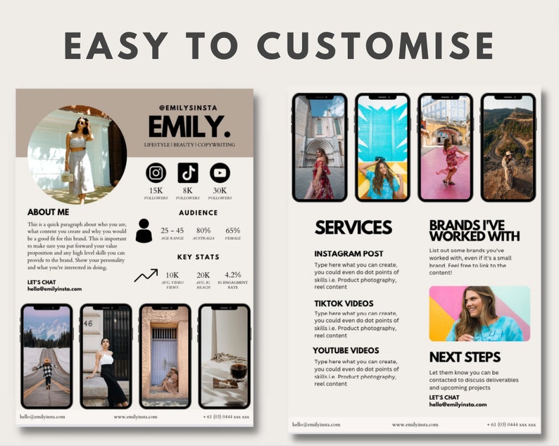 May include: A pink and white graphic design template for a social media marketing professional. The template includes a photo of a woman, a list of services, and a section about the brands the professional has worked with. The template also includes key statistics about the professional's audience.