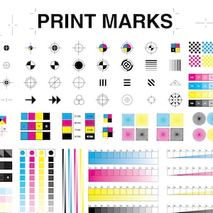 cmyk marks Print calibration marks gradient color tone color bars and registration plates Color printing standard vector set