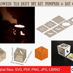 Può includere: Un kit fai-da-te per realizzare portacandele per tealight di Halloween. Il kit include sei pezzi di legno con ritagli di zucche e pipistrelli. Il prodotto finito è un cubo di 8 cm con un portacandele per tealight al centro. Il kit include file digitali in formato SVG, PDF, PNG, JPG e LBRN2.