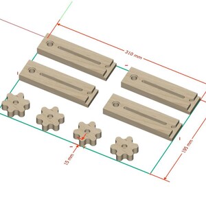May include: Four wooden strips with slots and four wooden gears. The strips are 15 inches long and 6.5 inches wide. The gears are 1.5 inches in diameter.