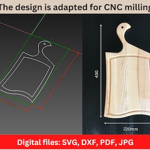 May include: A light-colored wooden cutting board with a handle, measuring 430mm x 220mm. The design is adapted for CNC milling. Digital files available in SVG, DXF, PDF, and JPG formats.