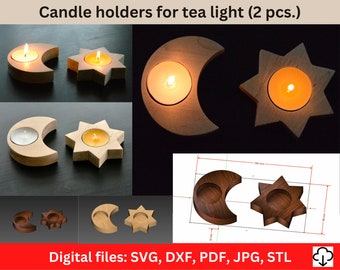 Holz Teelicht Kerzenhalter. Teelicht Sonne & Mond. Teelicht digitale Dateien für den CNC- und 3D-Druck