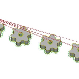 May include: A 3D model of four gray gears with a 5-point star shape. The gears are connected by red lines, showing the direction of rotation.