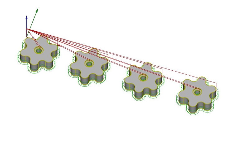 May include: A 3D model of four gray gears with a 5-point star shape. The gears are connected by red lines, showing the direction of rotation.
