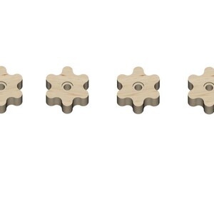 May include: Four wooden gears with a hole in the center. The gears are light brown and have a slightly textured surface.