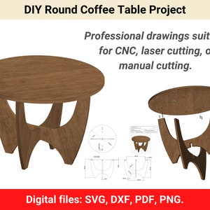 May include: Digital plans for a DIY round coffee table. The plans include professional drawings suitable for CNC, laser cutting, or manual cutting. The digital files are available in SVG, DXF, PDF, and PNG formats.