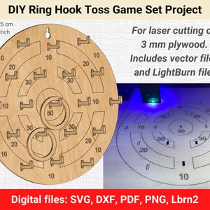 May include: DIY Ring Hook Toss Game Set project for laser cutting on 3 mm plywood. Includes vector files and LightBurn file. Digital files: SVG, DXF, PDF, PNG, Lbrn2. The game board is 10 inches by 10 inches.