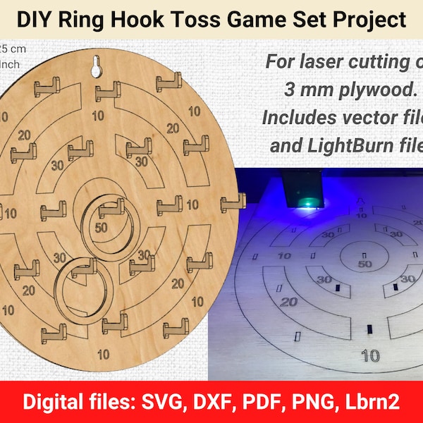 DIY Ring Hook Toss Game Project. Laser Cutting game project. Game set project. Vector and LightBurn digital files: svg dxf pdf png lbrn2.