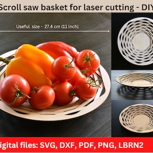 Scroll Saw Basket DIY project. Basket for laser cutting. Plywood basket. Laser cutting files. Digital files: svg, dxf, png, pdf, lbrn2.