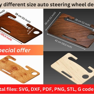 Puede incluir: Tres escritorios de madera para volante de coche de diferentes tamaños. Los escritorios están hechos de madera clara y oscura. Los escritorios miden 28 cm de ancho y 42 cm de largo. Los escritorios miden 28 cm de ancho y 52 cm de largo. Los escritorios miden 28 cm de ancho y 42 cm de largo. El texto "Comprar escritorios de volante de coche de diferentes tamaños" y "Oferta especial" es visible en la imagen. El texto "Archivos digitales: SVG, DXF, PDF, PNG, STL, código G" es visible en la imagen.