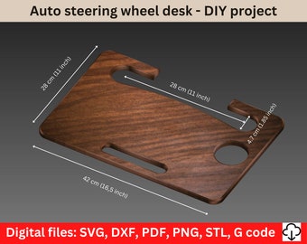 Auto steering wheel desk for Laptop, Tablet. For the Car. Travel table for eating. Hook on steering wheel. Digital files: CNC, svg, dxf, pdf