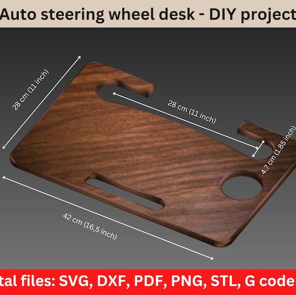 Selbstlenkrad-Schreibtisch für Laptop, Tablet. Fürs Auto. Reisetisch zum Essen. Einhaenkbar am Lenkrad. Digitale Dateien: CNC, svg, dxf, pdf