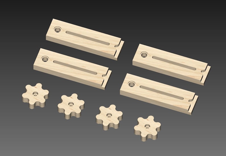 May include: Four wooden blocks with a groove and a hole in each. There are five wooden knobs with a star shape.