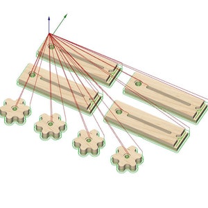 May include: A set of five wooden puzzle pieces shaped like flowers with five petals. The pieces are connected to five wooden rectangular boards with a series of red lines.