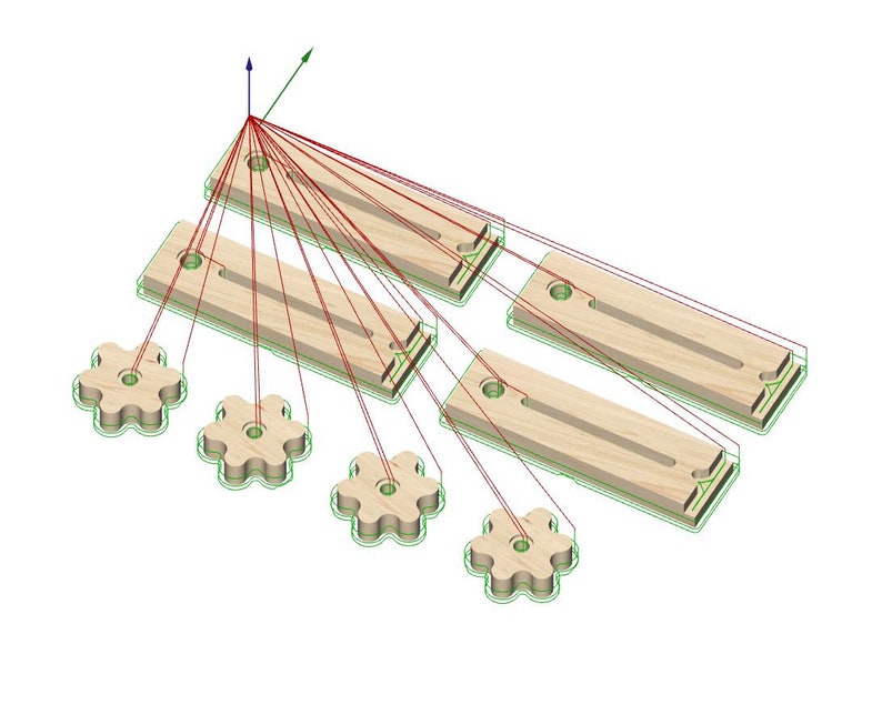 May include: A set of five wooden puzzle pieces shaped like flowers with five petals. The pieces are connected to five wooden rectangular boards with a series of red lines.