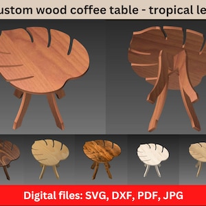 Mesa de centro de madera personalizada con forma de Monstera de hoja tropical. Archivos digitales de mesa de centro: pdf, svg, dxf, jpg