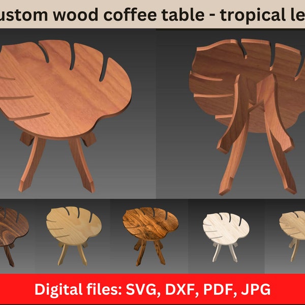 Custom wood coffee table shaped like a tropical leaf Monstera. Coffee table digital files: pdf, svg, dxf, jpg
