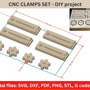 CNC Clamps & Knobs DIY Set: Versatile, Adjustable, and Easy-to-Use! Clamps for CNC, Laser, woodworking. Files svg dxf stl pdf png G-code