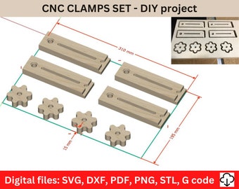 Juego de bricolaje de abrazaderas y perillas CNC: ¡versátil, ajustable y fácil de usar! Abrazaderas para CNC, Láser, carpintería. Archivos svg dxf stl pdf png código G