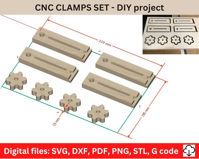 May include: A set of four wooden CNC clamps with a star-shaped knob for tightening. The clamps are 12.2 inches long and 7.7 inches wide. The image includes the text "CNC CLAMPS SET - DIY project" and "Digital files: SVG, DXF, PDF, PNG, STL, G code".