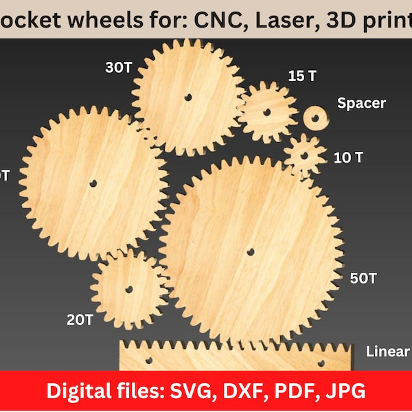 Sprocket wheels set. Gear set. Wooden wheels. Sprocket wheels for DYI. Digital files: svg, dxf, pdf, jpg, stl