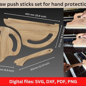May include: A set of four wooden saw push sticks for hand protection. The push sticks are designed to help keep your hands safe while using a table saw. The set includes two large push sticks, one small push stick, and one long push stick. The push sticks are made of wood and have a natural finish. The dimensions of the push sticks are shown in millimetres.