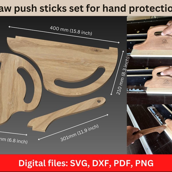 Precision Grip Table Saw Push Sticks Set : Conception unique de poignée arrondie pour la sécurité et le contrôle du bricolage ". Fichiers numériques dxf, svg, pdf, png, jpg