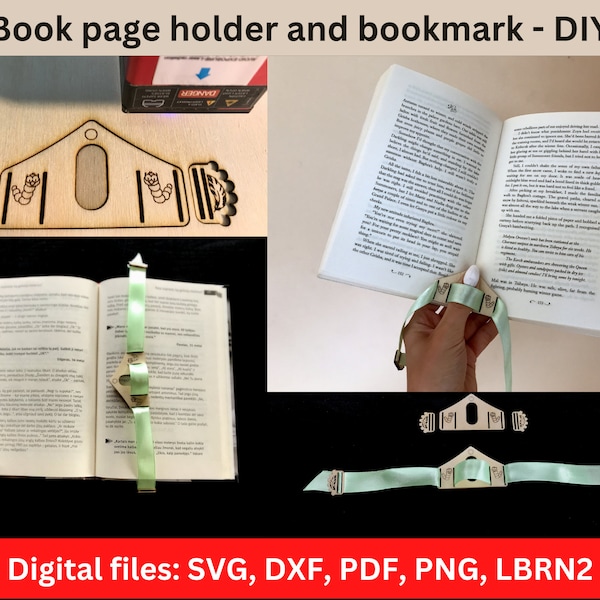 Book page holder and bookmark in one. Accessories gifts for book readers, book lovers, book worm gifts. Laser files: svg dxf pdf png Lbrn2