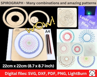 Erstaunlicher hölzerner Spirograph. Viele Kombinationen und Muster. Digitale Dateien zum Laserschneiden. Einzigartige Geschenkidee. SVG PNG LBRN2...