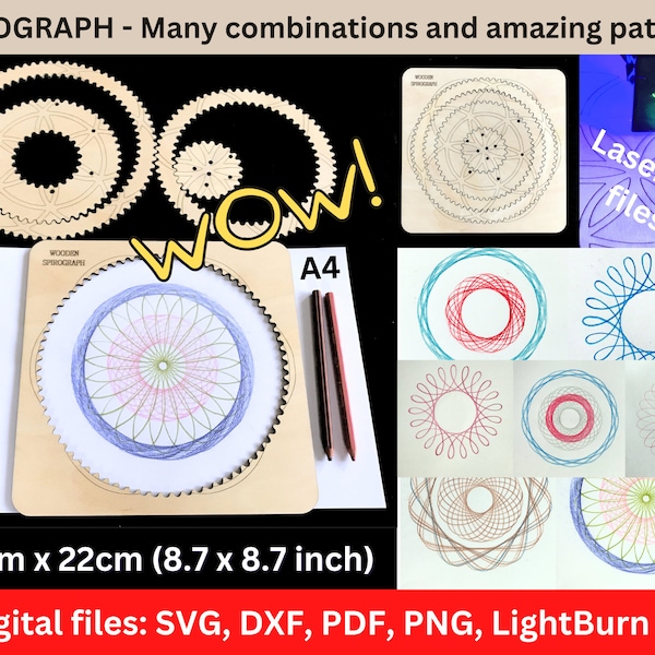 Erstaunlicher hölzerner Spirograph. Viele Kombinationen und Muster. Digitale Dateien zum Laserschneiden. Einzigartige Geschenkidee. SVG PNG LBRN2...