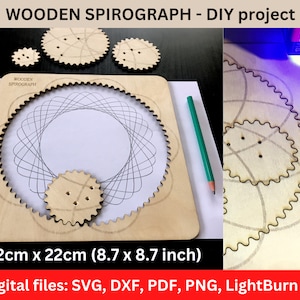 Doe-het-zelfproject Houten spirograaf. Digitale houten spirograafbestanden ontworpen voor lasergraveerders. Uniek cadeau-idee van houten spirograaf. SVG-DXF-bestand...