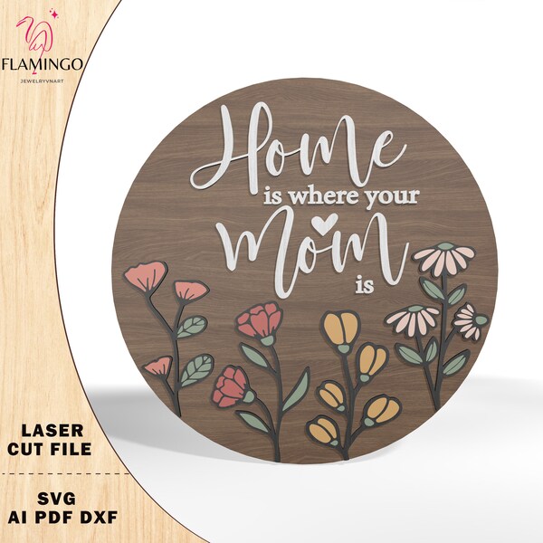 Home Is Where Your Mom Is Cut Files ,Happy Mother's Day Door Sign Svg,  Wildflowers Mother's Day ,Mom Gift Svg, Mother's Day Laser Cut Files