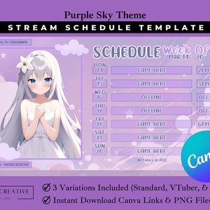 Modelo de programação de transmissão Purple Sky VTuber: Design Lilás Pastel (Canva e PNG)
