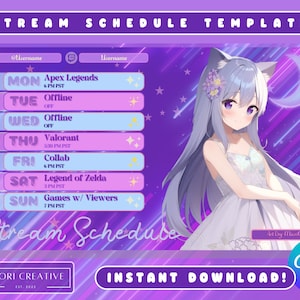 Sjabloon Magical Girl VTuber-streamschema: ontwerp met paarse maan (canva bewerkbaar, digitale download)