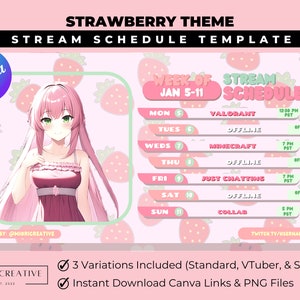 Strawberry VTuber Schedule Template Twitch Stream Schedule PNGTuber Assets Cute VTubers Asset Pink Streamer Schedule VTuber Canva Template