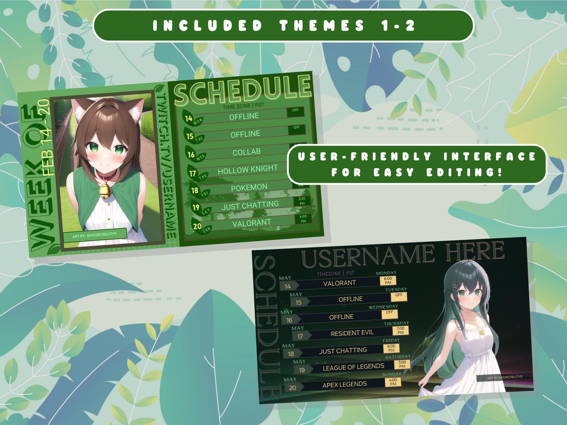 Green Vtuber Stream Schedule Templates 10pack Canva Bundle (digital