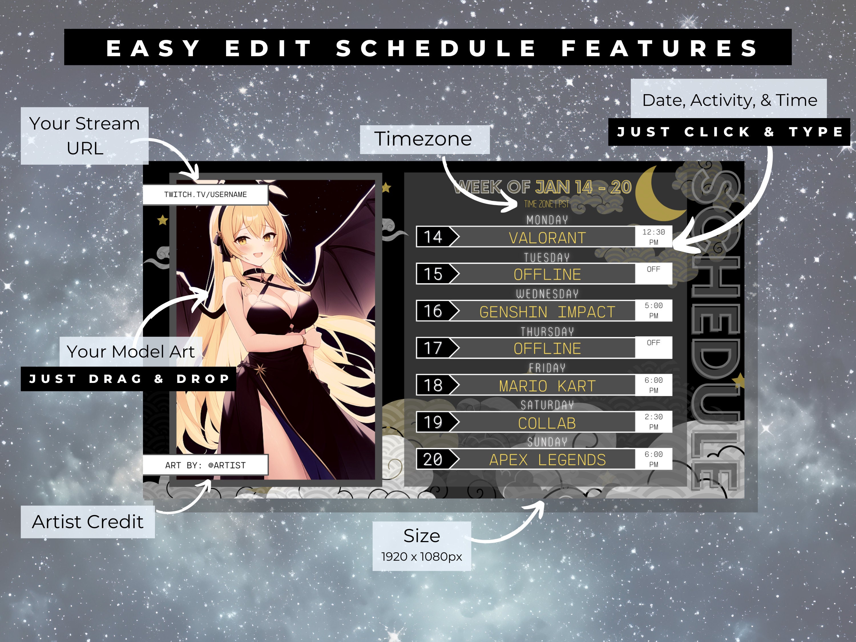 Dark Moon Vtuber Schedule Template Twitch Stream Asset (canva Editable