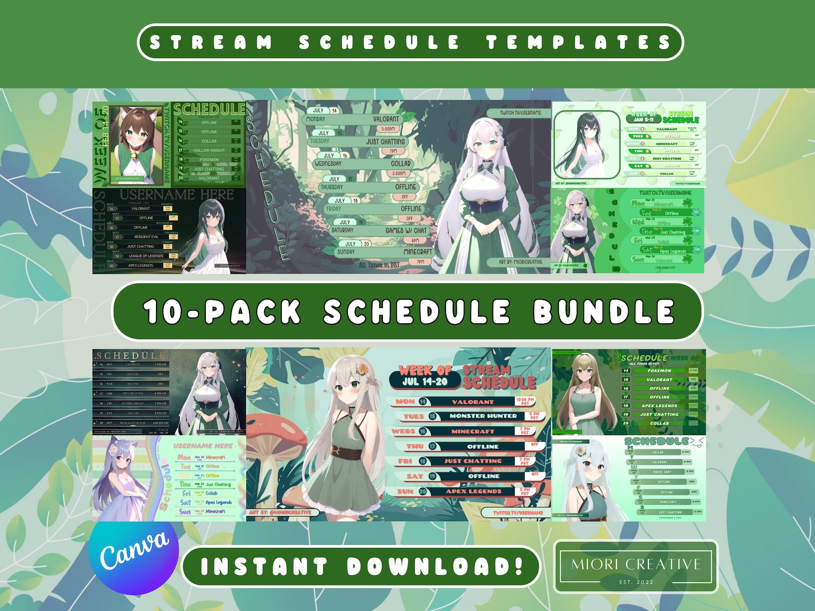 Green Vtuber Stream Schedule Templates 10pack Canva Bundle (digital