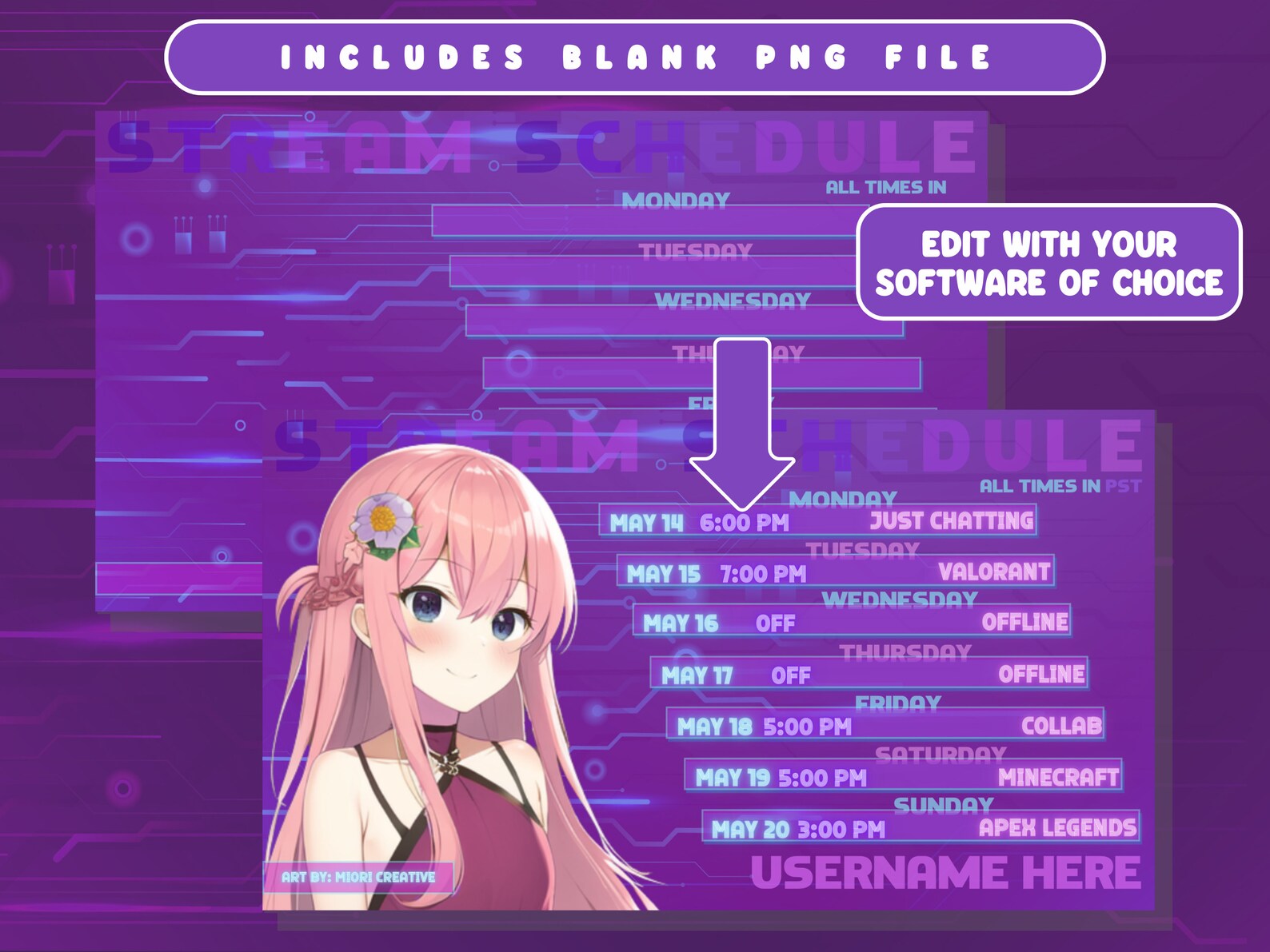 Pink Purple Vtuber Stream Schedule Template Editable Pngtuber Assets