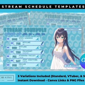 Modelo de Cronograma de Transmissão Blue VTuber: Planejador de Twitch e Kick (Editável no Canva) (Download Digital)