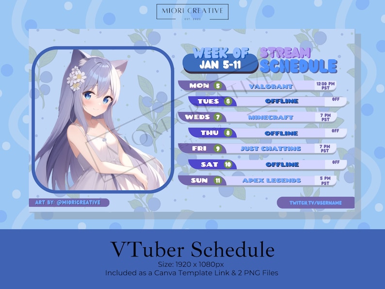 Blueberry Vtuber Stream Schedule Template Canva & PNG (digital