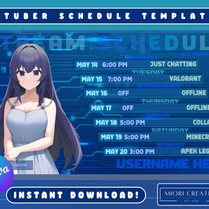 Modelo de Cronograma de Transmissão Blue VTuber: Twitch PNGTuber Asset (Canva Editável, Download Digital)