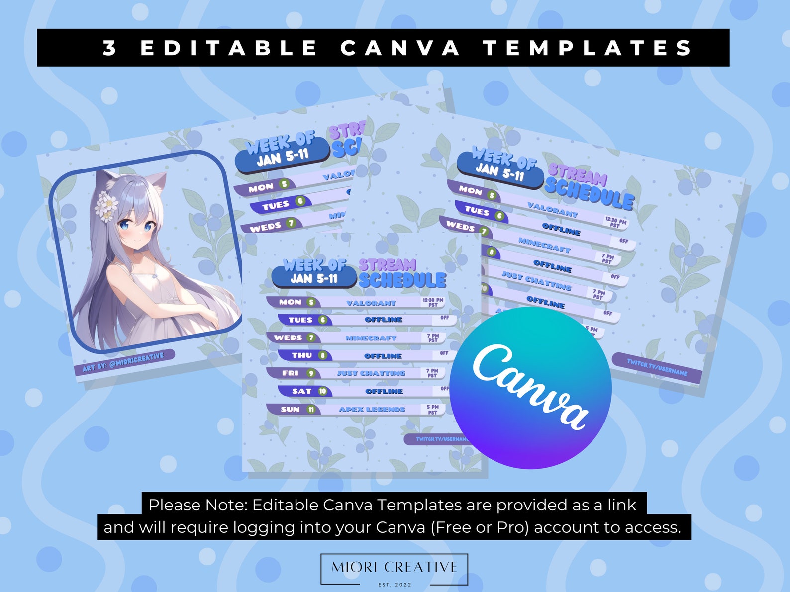 Blueberry Vtuber Stream Schedule Template Canva & PNG (digital