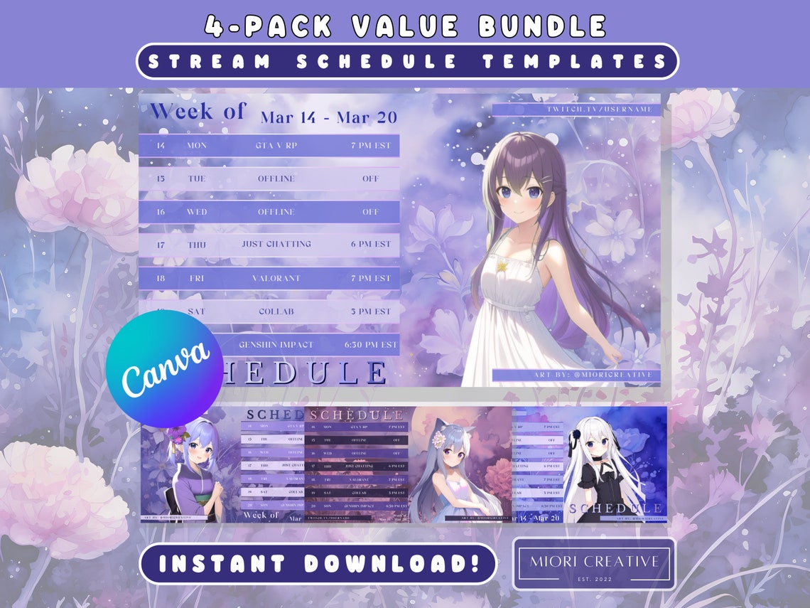 Spring Vtuber Schedule Template Floral Twitch Streamer Bundle (canva
