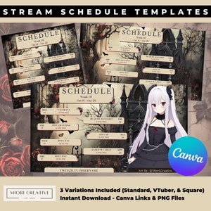Gothic VTuber Stream Schedule Template: Spooky Twitch & YouTube (Canva Editable)