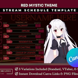 Red Mystic Stream Schedule Template: VTuber PNGTuber Asset (Canva Editable, PNG)
