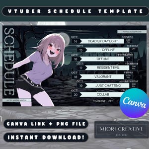 Spooky VTuber Stream Schedule Template: Gothic Dark Theme (Canva & PNG)