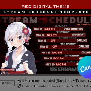 Red VTuber Stream Schedule Template: Dark Twitch Assets (Canva & PNG)